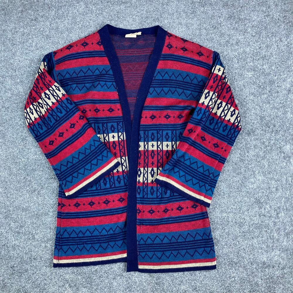 Monarch Knits Cardigan Womens Size L Red Blue Aztec Tribal Open Front Vintage